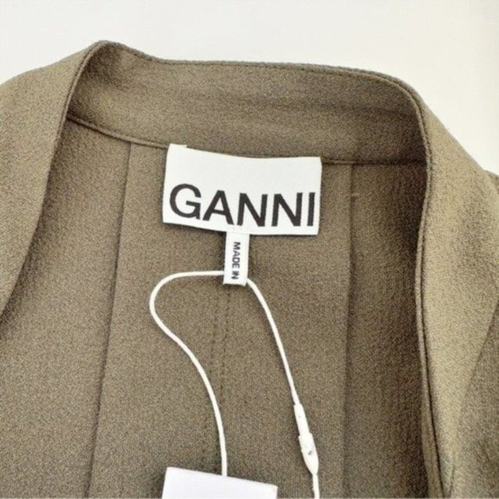 Ganni Heavy Crepe Army Green Tie Waist Wrap Midi Dress Size 36 - Picture 9 of 12